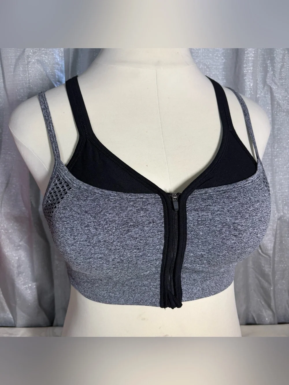 Athletic Works Gray and Black Front-Zip double layer  Sports Bra